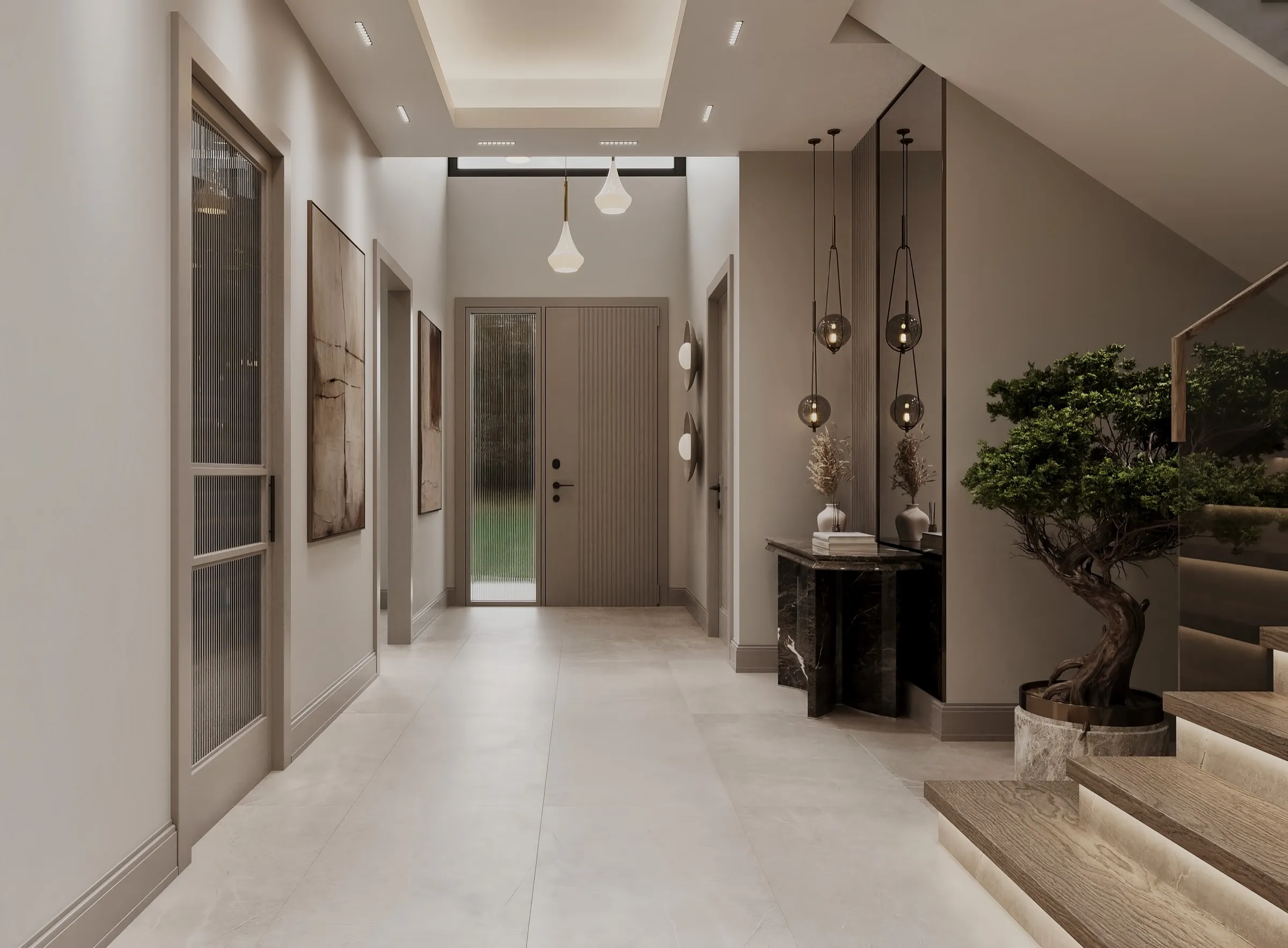 Villa koridoru, çift yükseklikli galeri boşluğu
