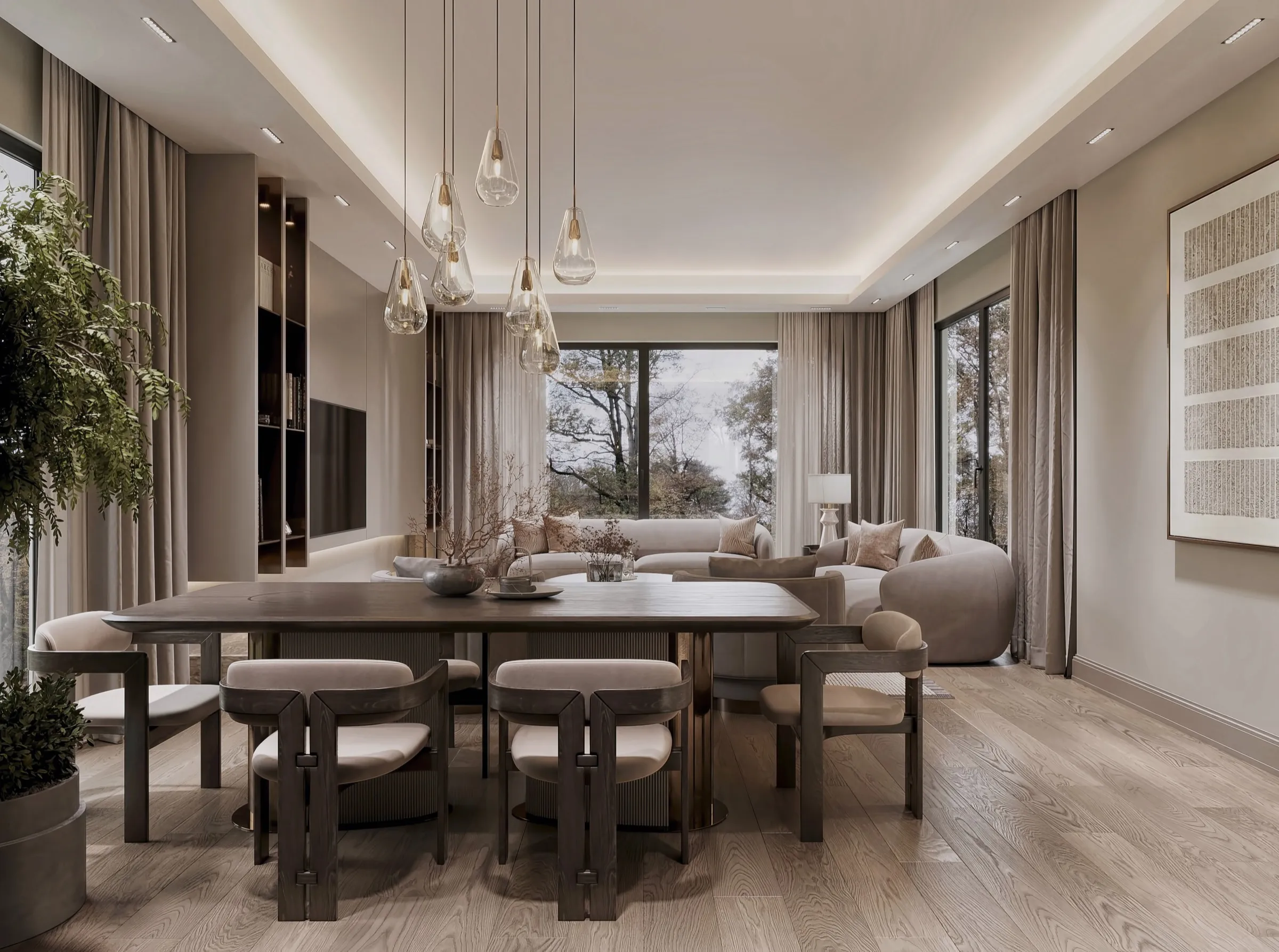 Villa salonu, yemek alanı ve oturma grubu