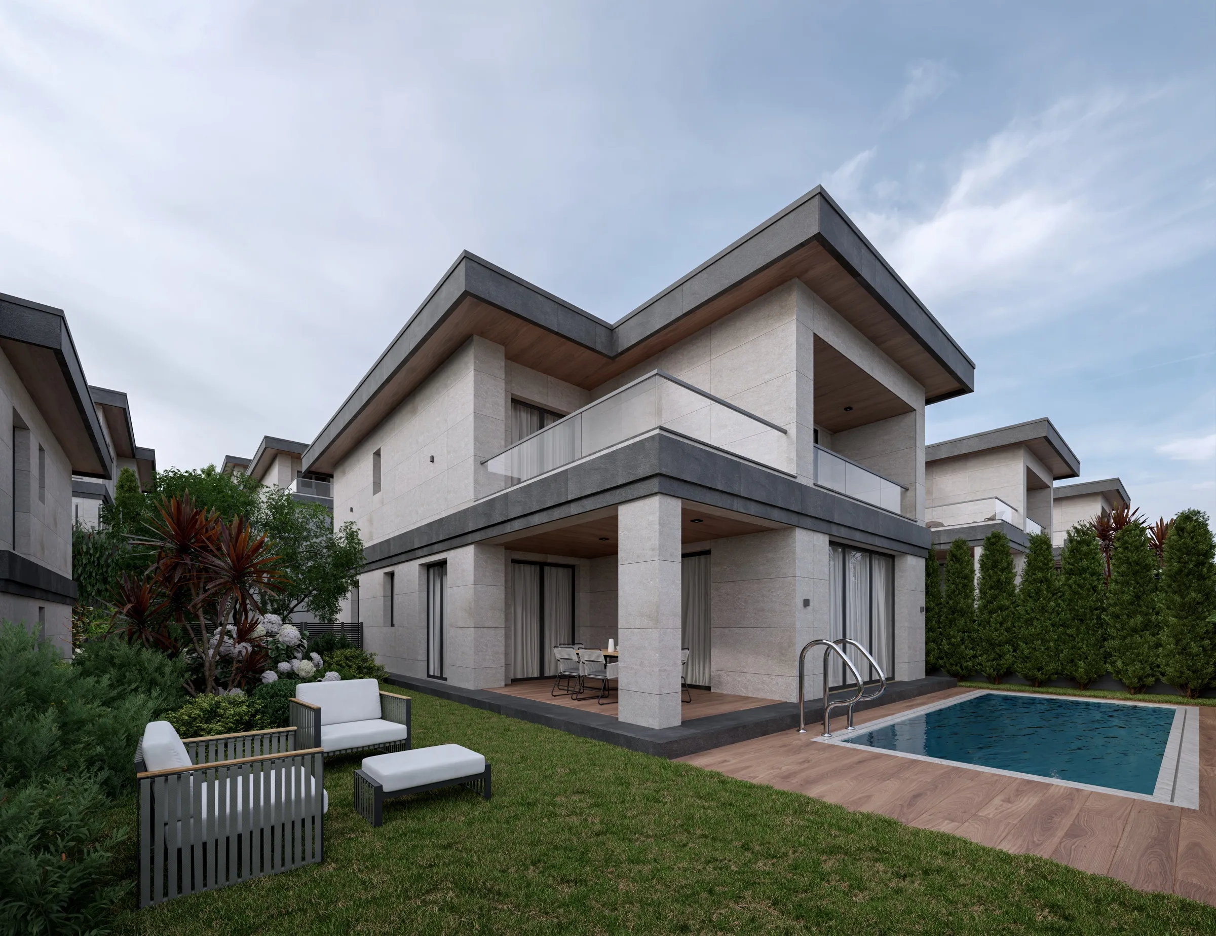Villa bahçesi ve özel havuz, çapraz açı gündüz