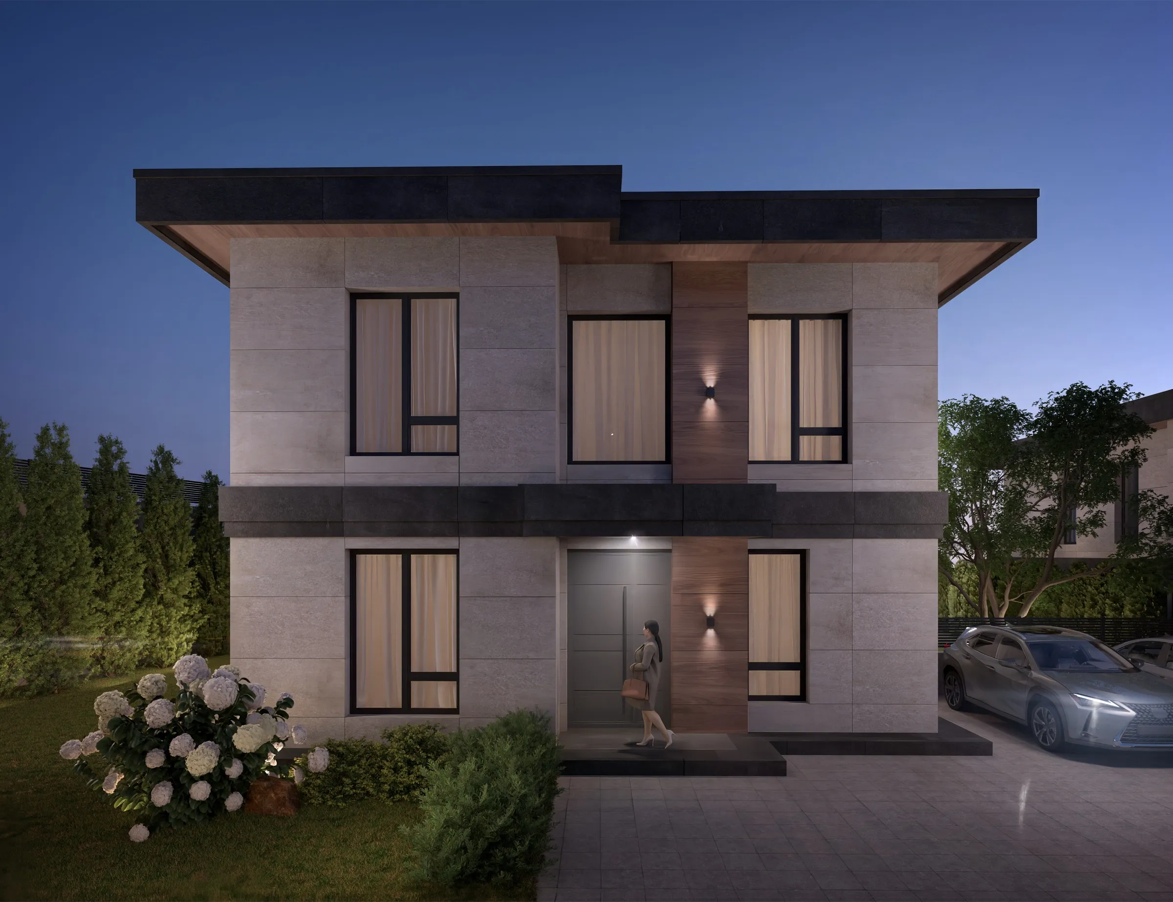 Villa giriş cephesi, akşam