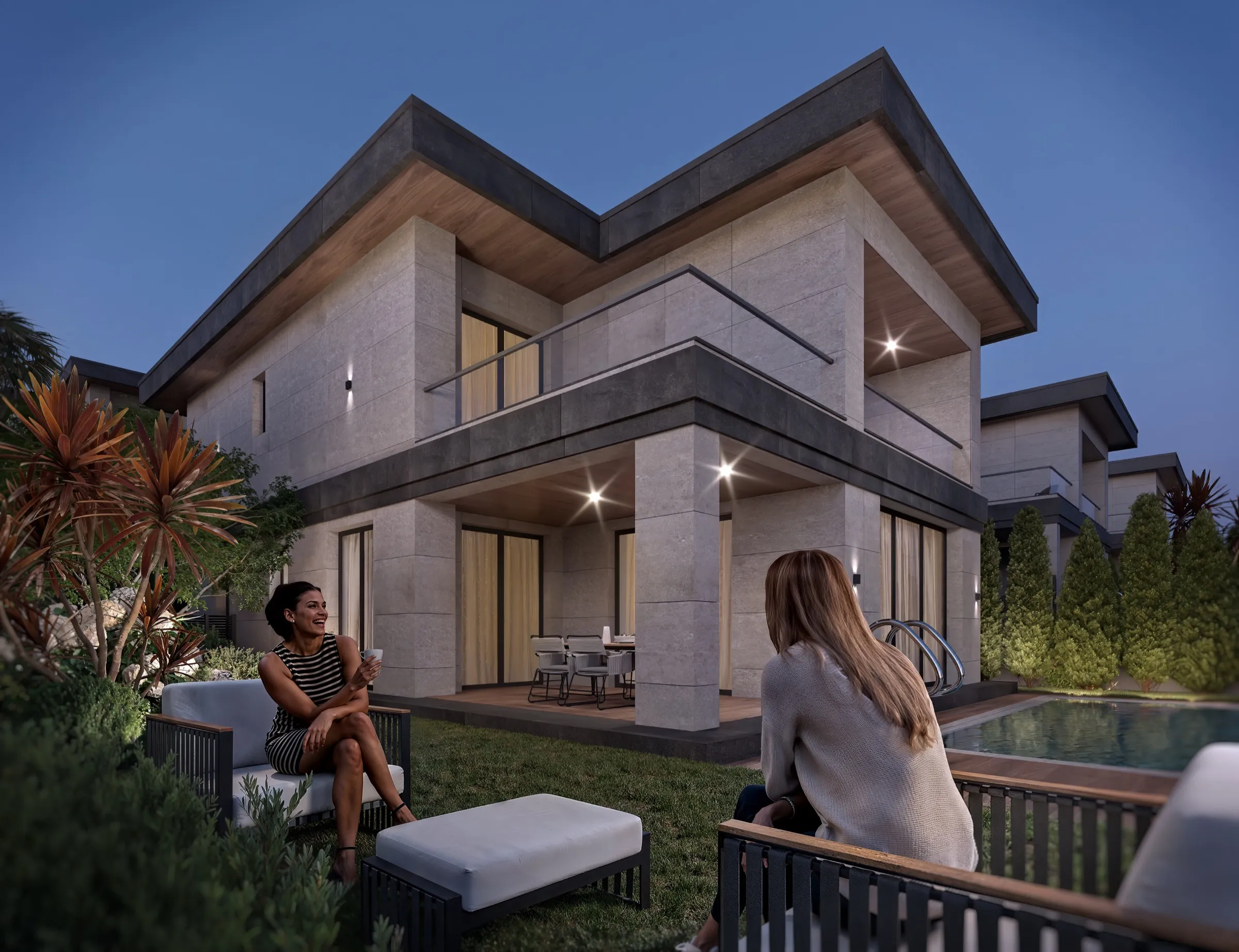 Villa terası ve özel havuz, akşam