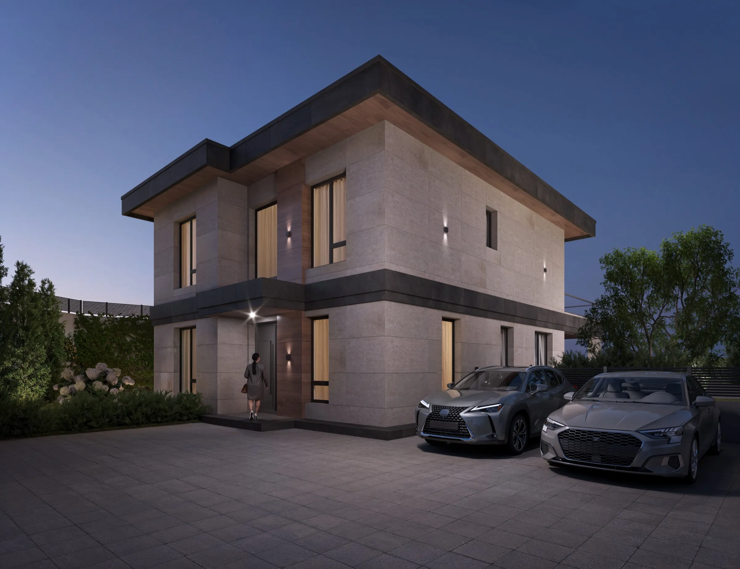 Villa köşe cephesi ve otopark, akşam